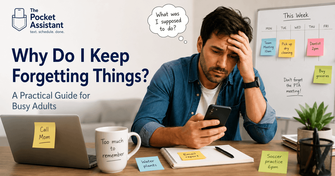 Busy adult looking at a phone while managing notes, errands, and daily responsibilities
